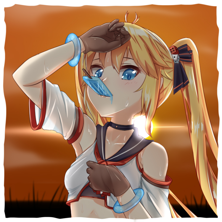 1girl, andrea_doria_(zhan_jian_shao_nyu), black_bow, blonde_hair, bow, bracelet, brown_gloves, choker, collarbone, crop_top, detached_sleeves, dice_hair_ornament, food, glint, gloves, hair_bow, hair_ornament, hand_to_forehead, hot, jewelry, lips, long_hair, looking_at_viewer, lux_(pixiv4480548), melting, neckerchief, orange_sky, popsicle, portrait, sailor_collar, short_sleeves, sky, solo, sun, sweat, tsurime, twintails, upper_body, zhan_jian_shao_nyu