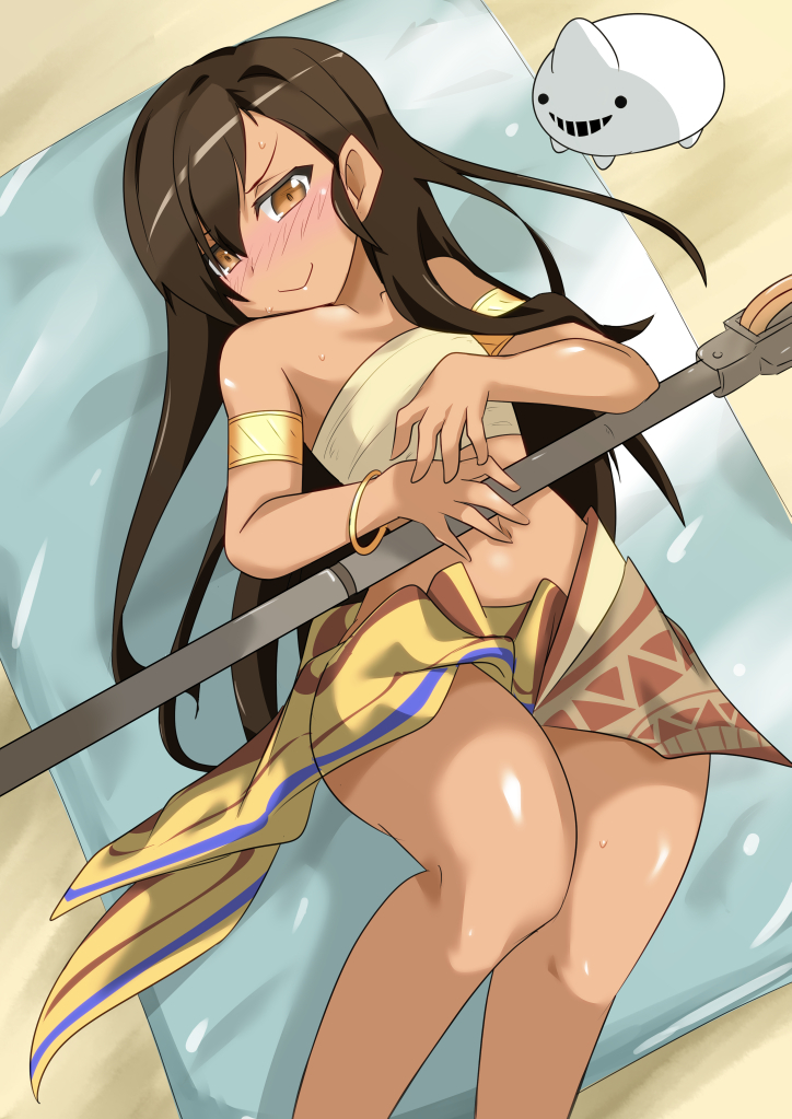 >:>, 1girl, animal_request, armlet, bandeau, bare_shoulders, beach_towel, blush