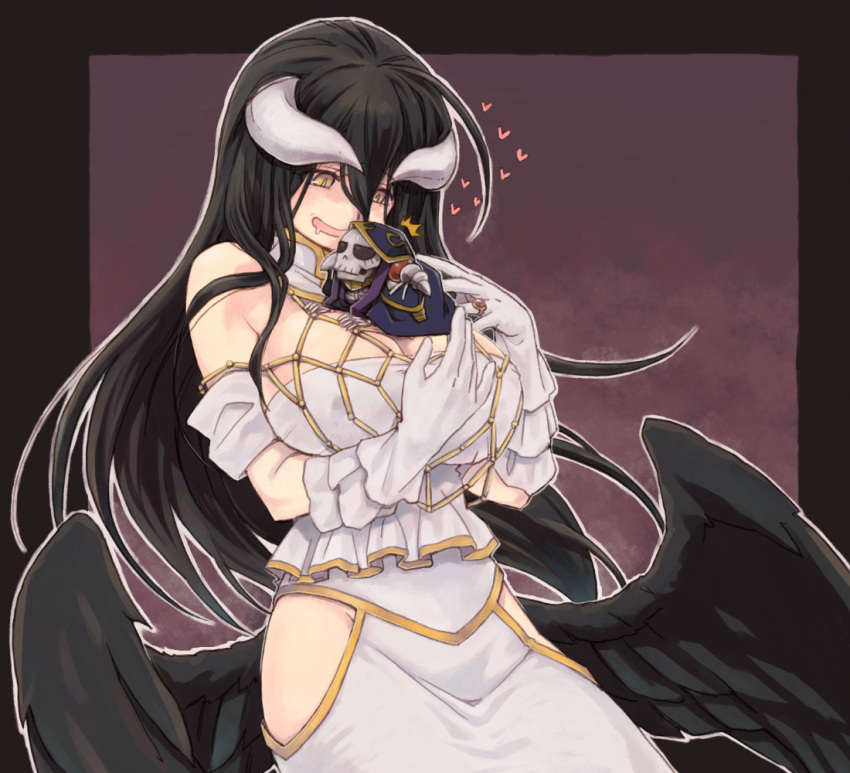 1girl, ainz_ooal_gown, albedo, bare_shoulders, black_feathers, black_hair, black_wings, breasts, chibi, cleavage, commentary_request, demon_girl, demon_horns, demon_wings, detached_collar, dress, feathered_wings, feathers, gloves, hair_between_eyes, heart, hip_vent, hips, horns, jewelry, large_breasts, long_hair, low_wings, necklace, open_mouth, overlord_(maruyama), saliva, skeleton, slit_pupils, user_xgpy8228, white_dress, white_gloves, wings, yellow_eyes