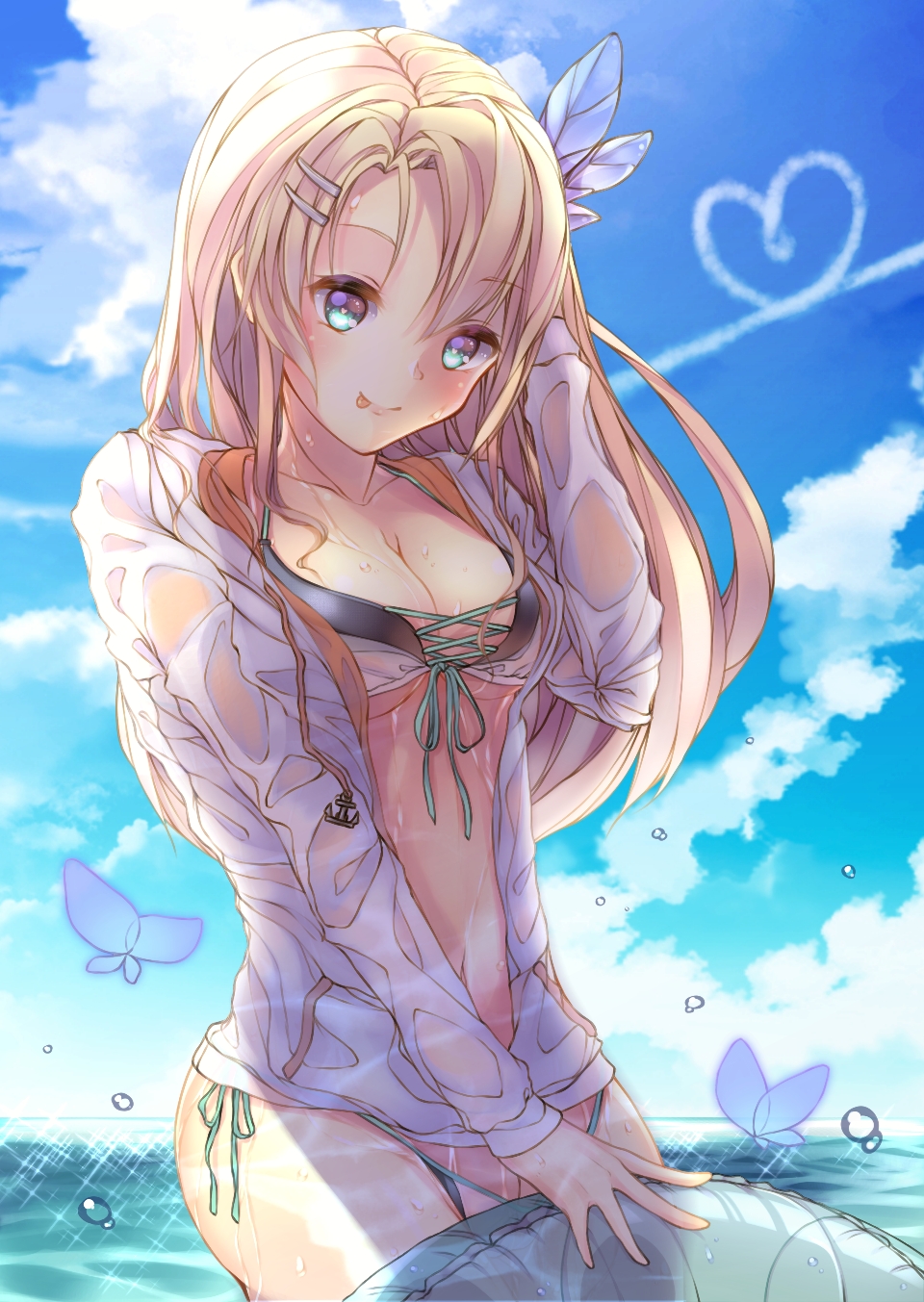 1girl, :p, backlighting, bikini, bikini_under_clothes, blonde_hair, blue_eyes, blue_sky, breasts, bug, butterfly, caustics, cleavage, clouds, commentary_request, condensation_trail, cowboy_shot, cross-laced_bikini_top, day, droplet, feathers, glint, hair_feathers, hair_ornament, hairclip, hand_in_hair, hand_up, heart, highres, innertube, insect, jacket, long_hair, looking_at_viewer, medium_breasts, no_pants, ocean, open_clothes, open_jacket, saratoga_(zhan_jian_shao_nyu), side-tie_bikini, sky, solo, swimsuit, swimsuit_under_clothes, thighs, tokyoha1, tongue, tongue_out, under_boob, unzipped, wet, wet_clothes, wet_jacket, wet_swimsuit, zhan_jian_shao_nyu