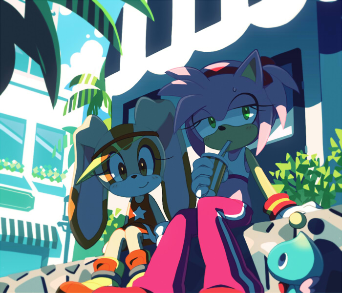 amy_rose, amy_rose_(riders), chao_(sonic), cheese_(sonic), cream_the_rabbit, cream_the_rabbit_(riders), drinking, eyelashes