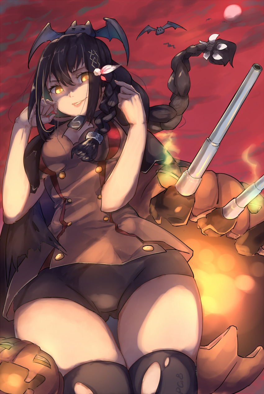 1girl, ass_visible_through_thighs, azur_lane, bat, bike_shorts, black_hair, black_legwear, braid, capelet, chinese_commentary, feathers, fingernails, glowing, glowing_eyes, hair_feathers, hands_up, highres, jack-o'-lantern, jacket, lips, long_hair, looking_at_viewer, looking_down, moon, mou_zhi_pingguo, night, parted_lips, red_moon, red_sky, signature, skindentation, sky, solo, south_dakota_(azur_lane), thigh-highs, thighs, turret