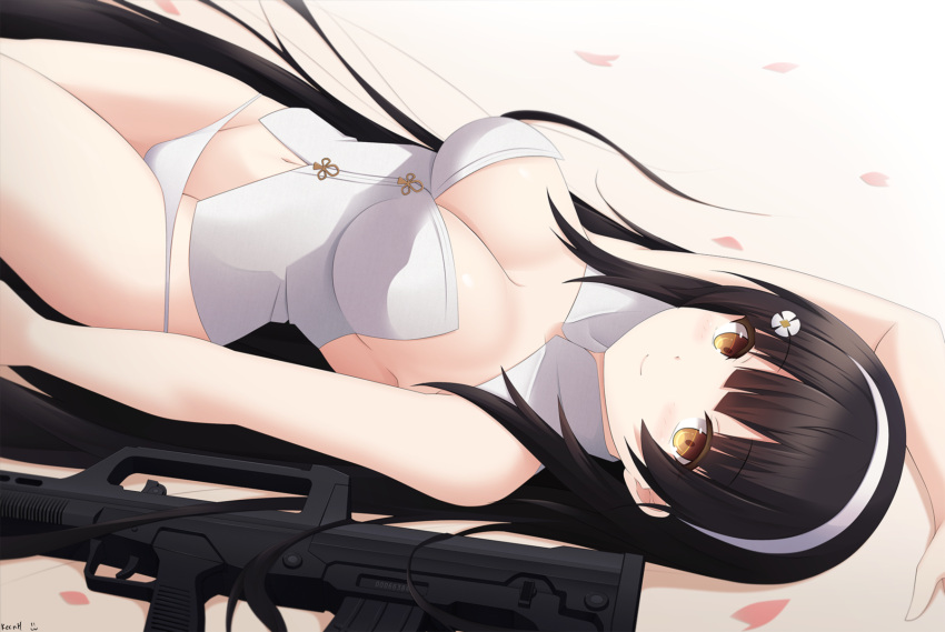 1girl, assault_rifle, bangs, bare_shoulders, black_hair, blush, breasts, cleavage