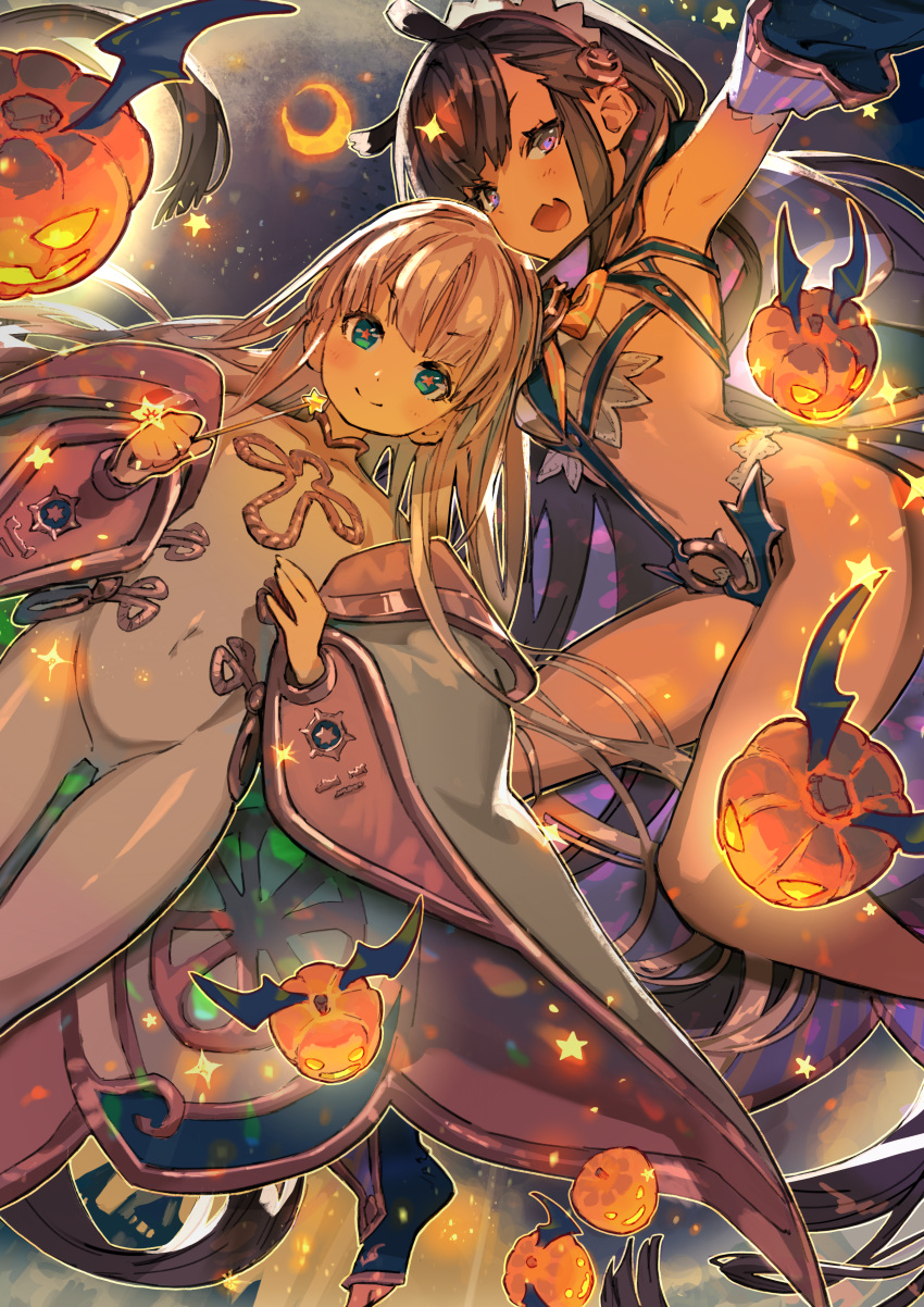 2girls, :d, absurdres, armpits, black_diamond_(last_period), blue_eyes, blush, bodysuit