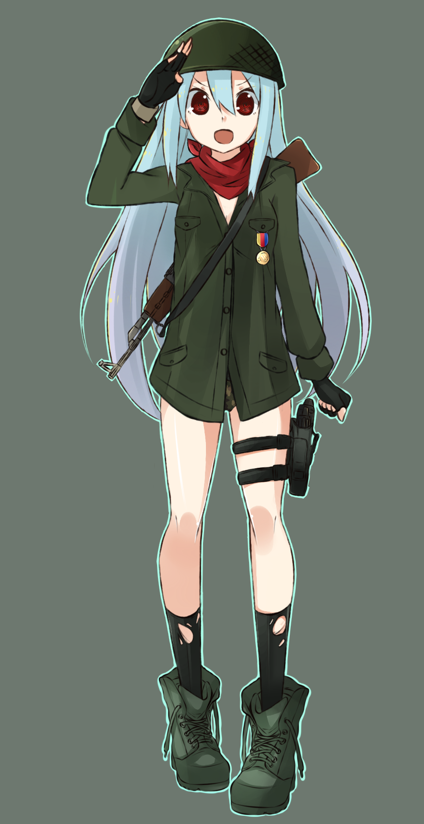 1girl, :d, black_gloves, black_legwear, blue_hair, blue_outline, boots, camouflage, camouflage_panties, clenched_hand, cross-laced_footwear, eyebrows_visible_through_hair, fingerless_gloves, full_body, gloves, green_background, green_footwear, green_helmet, green_panties, gun, hair_between_eyes, handgun, helmet, heshiko, highres, holster, long_hair, long_sleeves, looking_at_viewer, myuto_(advent_retribution), no_pants, open_mouth, outline, panties, pistol, red_eyes, red_scarf, rifle, salute, scarf, smile, socks, solo, standing, thigh_holster, torn_clothes, torn_legwear, totsugeki!_ningen_sensha, underwear, untied_boots, v-shaped_eyebrows, very_long_hair, weapon