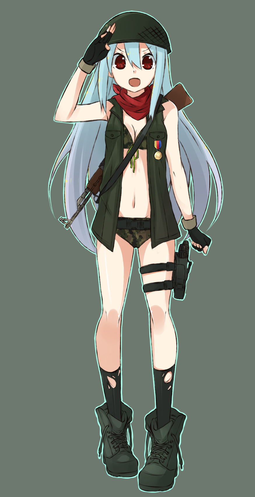 1girl, :d, black_gloves, black_legwear, blue_hair, blue_outline, boots, bra