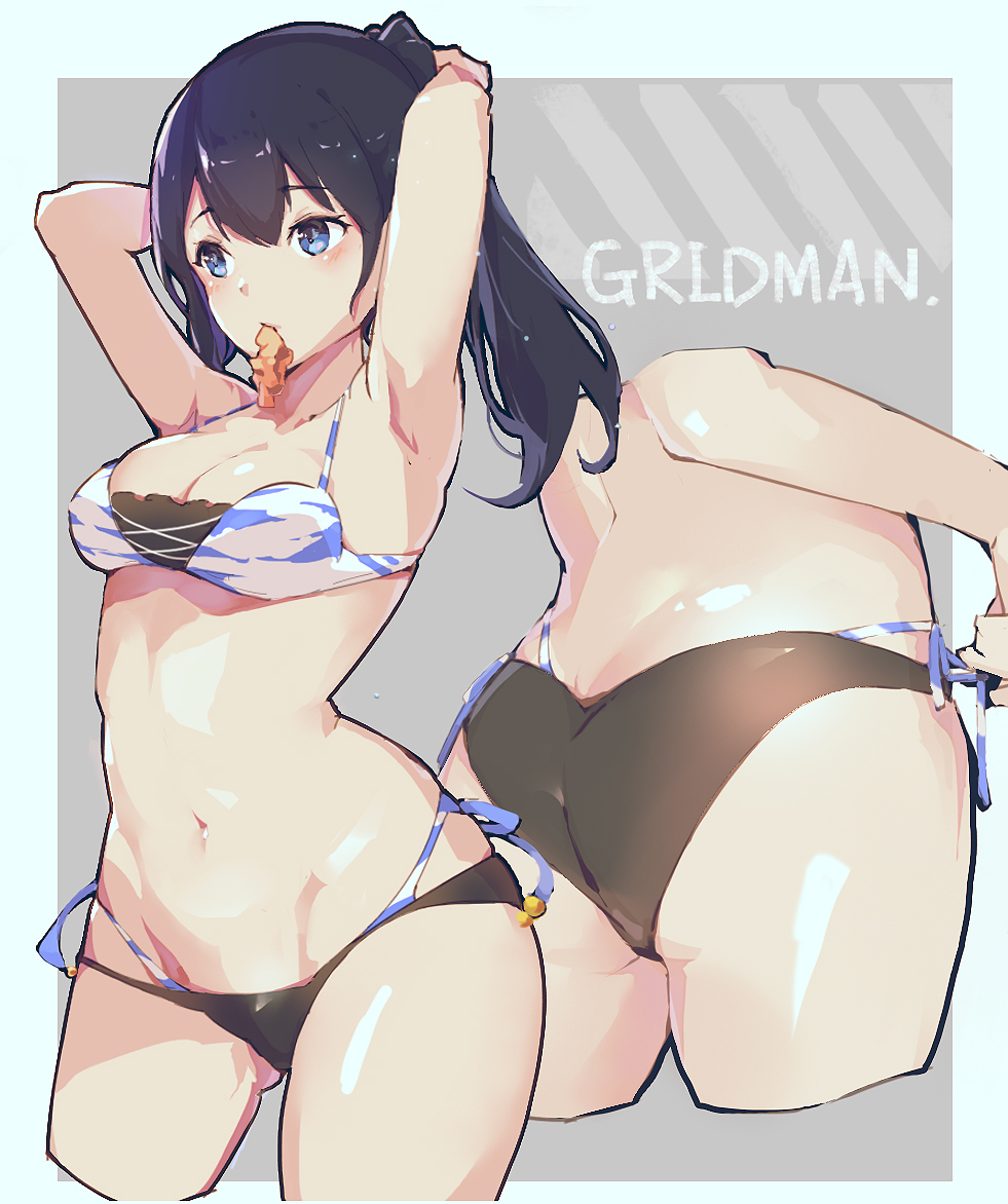 1girl, arms_up, ass, bangs, bikini, black_bikini, black_hair, blue_eyes, blush, breasts, cleavage, layered_bikini, long_hair, medium_breasts, meow_head, mouth_hold, multiple_views, navel, orange_scrunchie, ponytail, scrunchie, shiny, shiny_hair, shiny_skin, side-tie_bikini, ssss.gridman, standing, swimsuit, takarada_rikka, thighs