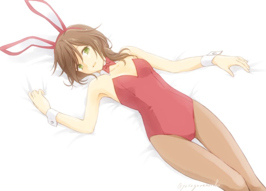 1girl, animal_ears, bed_sheet, brown_hair, bunnysuit, commentary_request, extra, fake_animal_ears