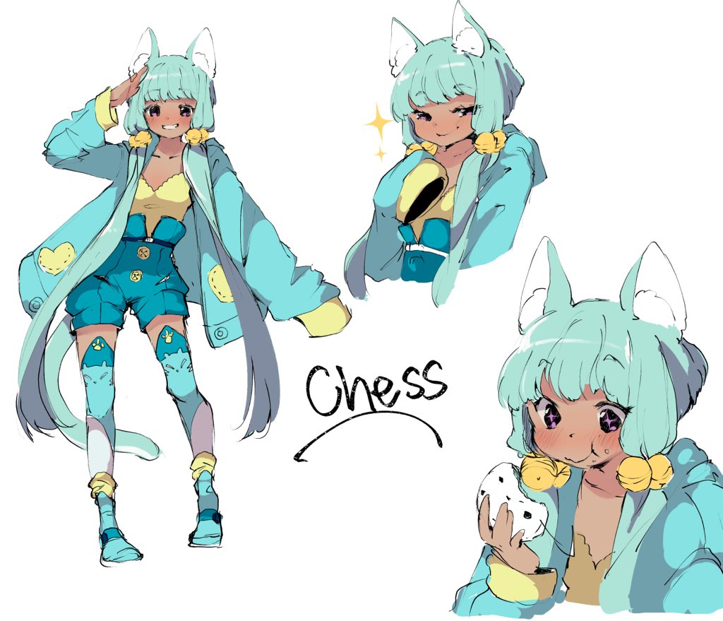 1girl, animal_ears, aqua_hair, bangs, bell, blush, cat_ears, cat_tail