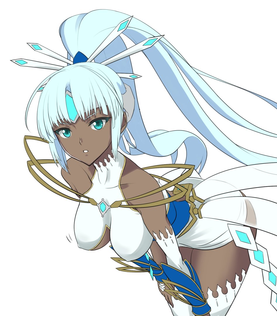 1girl, blue_eyes, blue_hair, blush, breasts, dark_skin, dolling60883582, large_breasts
