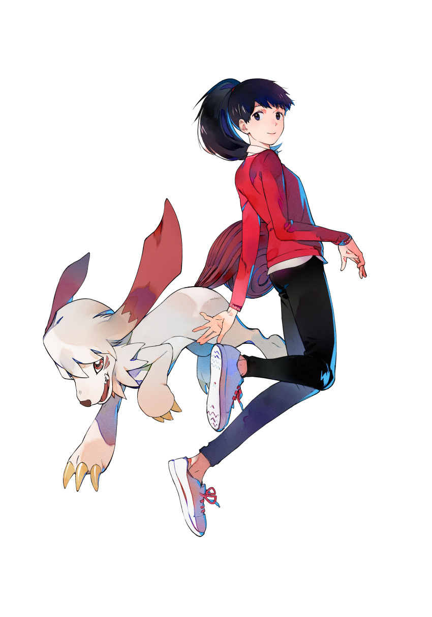 1girl, absurdres, airborne, ass, black_hair, black_pants, blue_eyes, blush