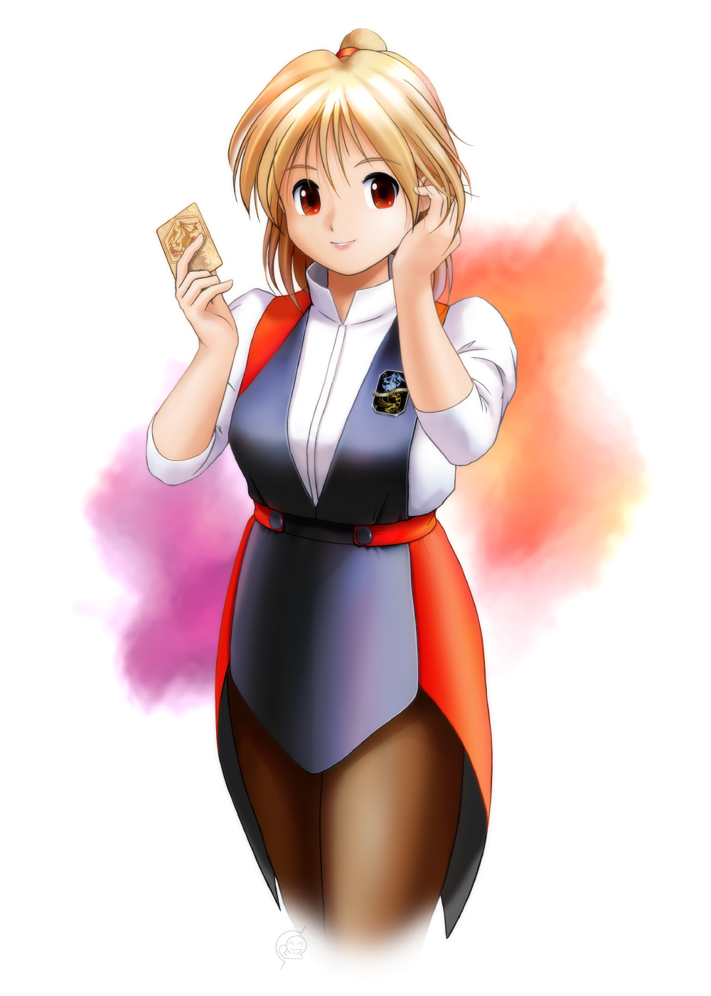 1girl, blonde_hair, brown_legwear, card, curie_(monster_farm), hair_bun, hand_up, highres