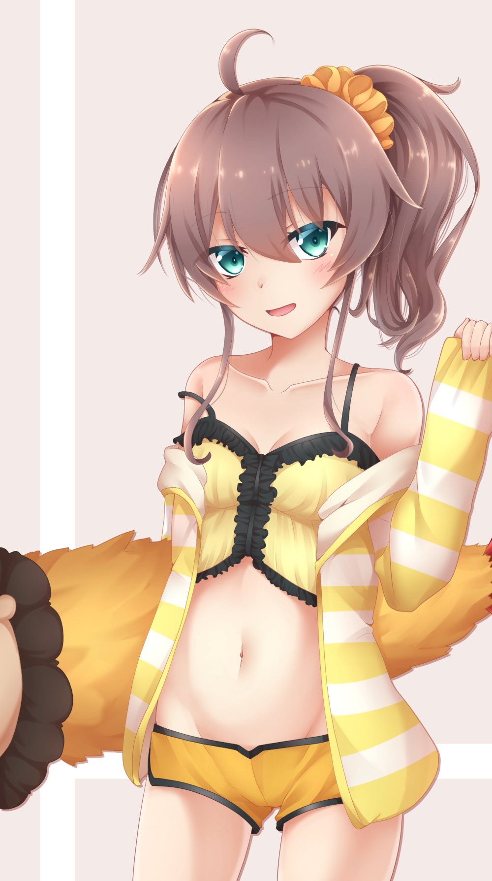 1girl, ahoge, animal_pillow, bare_shoulders, blue_eyes, blush, breasts, brown_hair