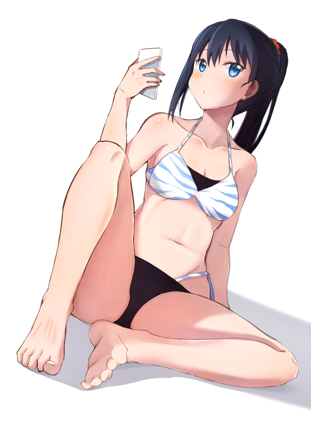 1girl, ayumu_(ayumu3659), barefoot, bikini, black_bikini_bottom, black_hair, blue_eyes, breasts