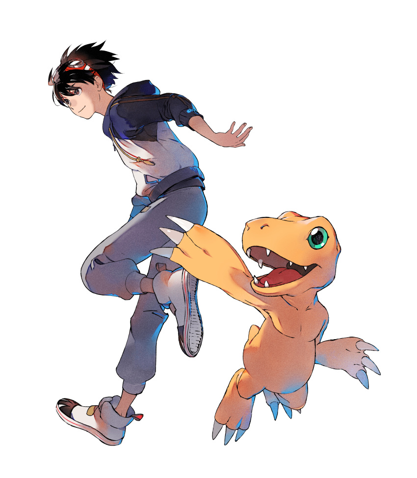 1boy, absurdres, agumon, ahoge, airborne, arm_up, black_eyes, black_footwear