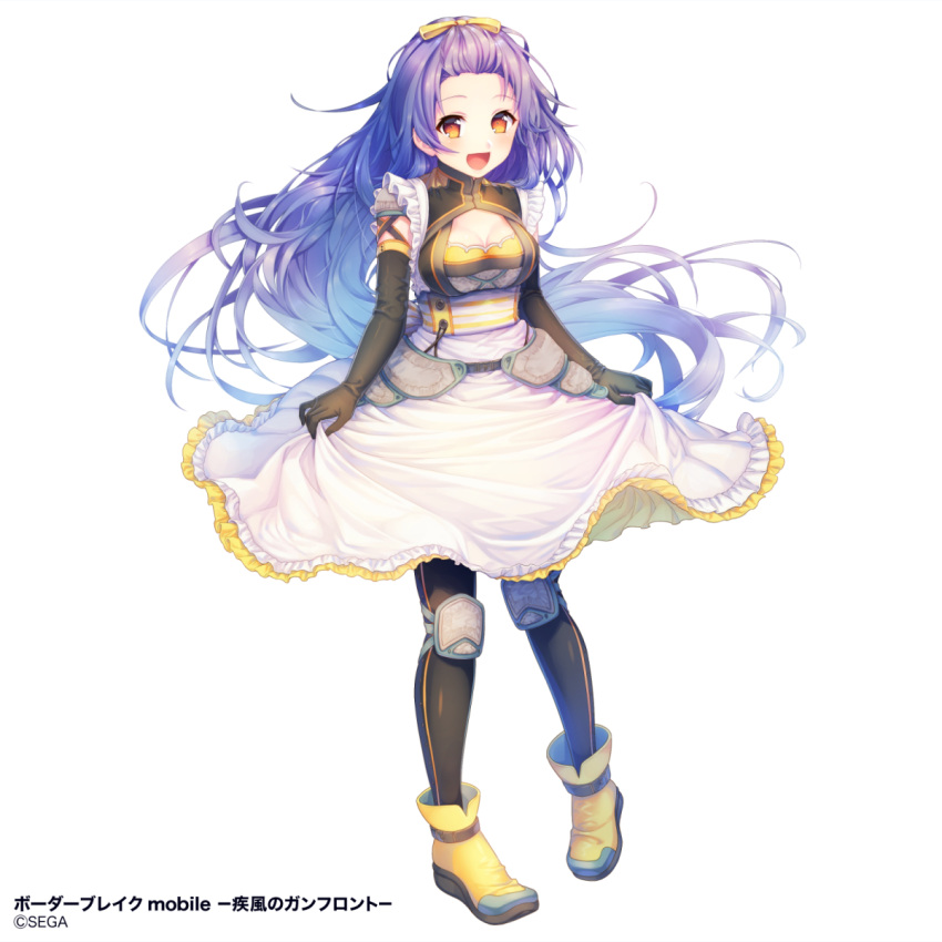 1girl, :d, bangs_pinned_back, black_gloves, black_legwear, blue_hair, boots, border_break, bow, breasts, brown_eyes, cleavage, elbow_gloves, full_body, gloves, hair_bow, highres, knee_pads, long_hair, medium_breasts, momore_(peaches), official_art, open_mouth, skirt, skirt_hold, smile, solo, standing, very_long_hair, white_background, white_skirt, yellow_bow, yellow_footwear