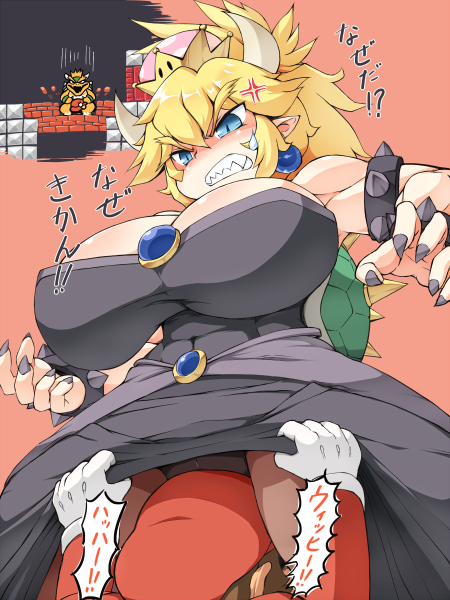 1boy, 1girl, anger_vein, black_dress, black_nails, blonde_hair, blue_earrings, bondo