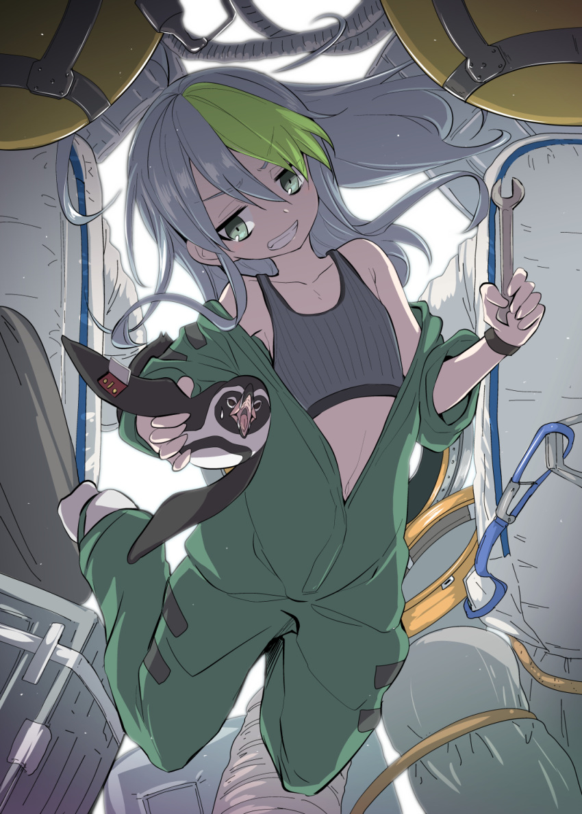 1girl, bare_shoulders, bird, commentary_request, crop_top, flat_chest, green_eyes, green_hair