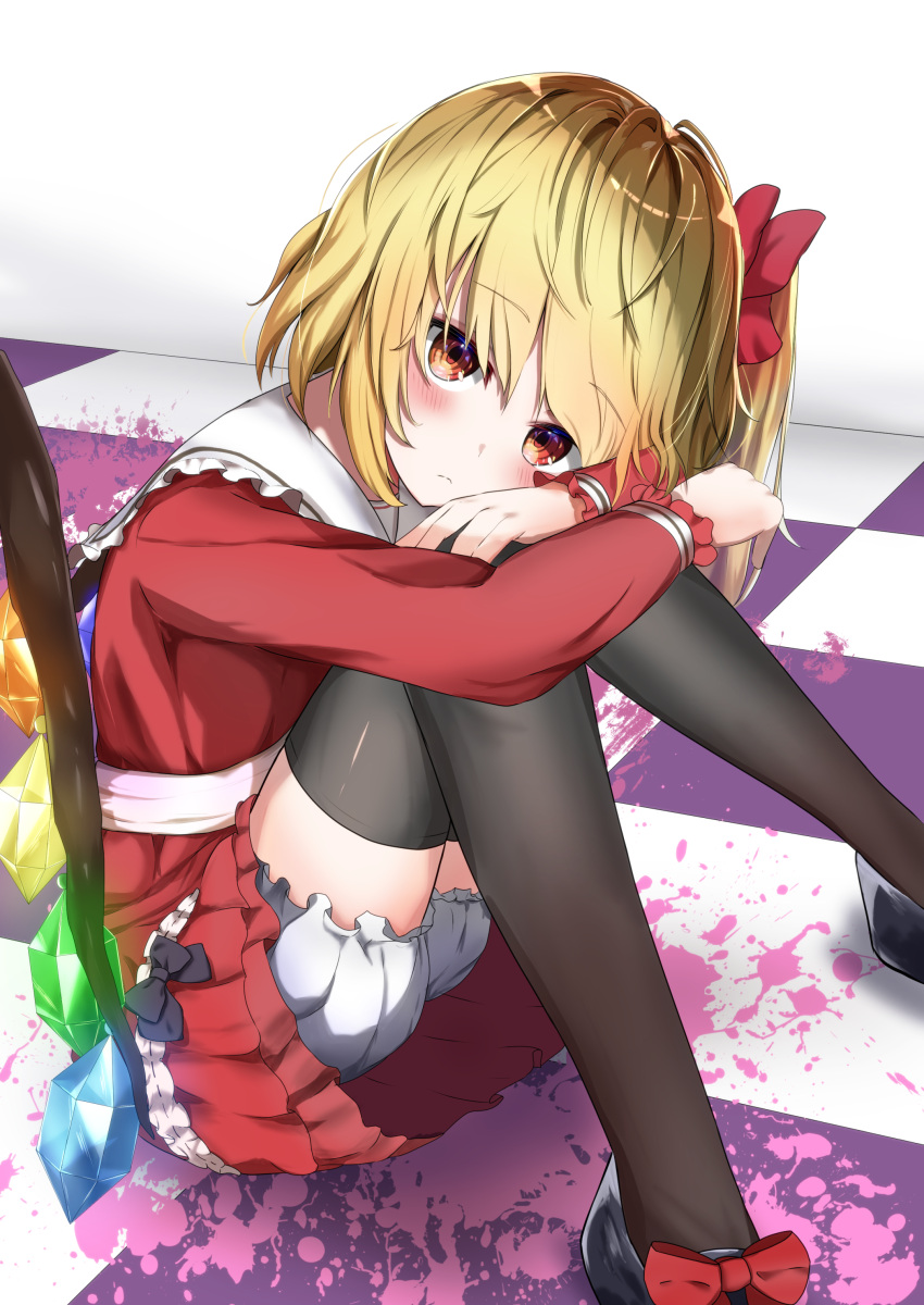 1girl, absurdres, adapted_costume, ambiguous_red_liquid, bangs, black_bow, black_footwear, black_legwear