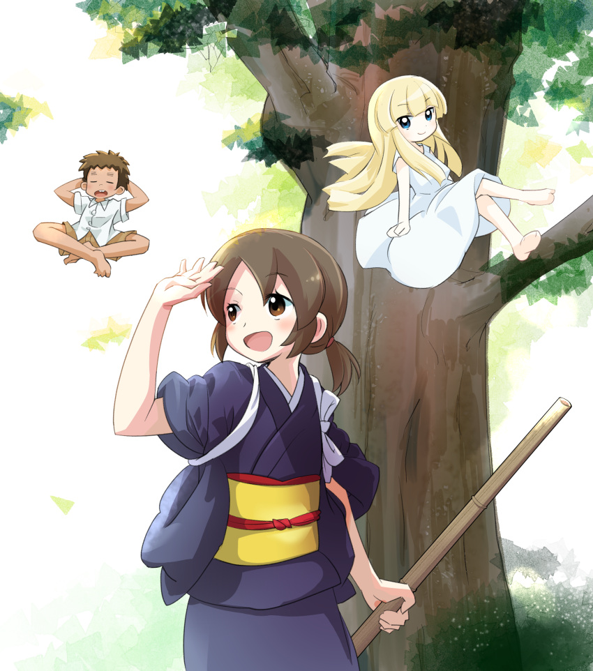 1boy, 2girls, akino_miyo, broom, brown_eyes, buck_teeth, closed_eyes, dress