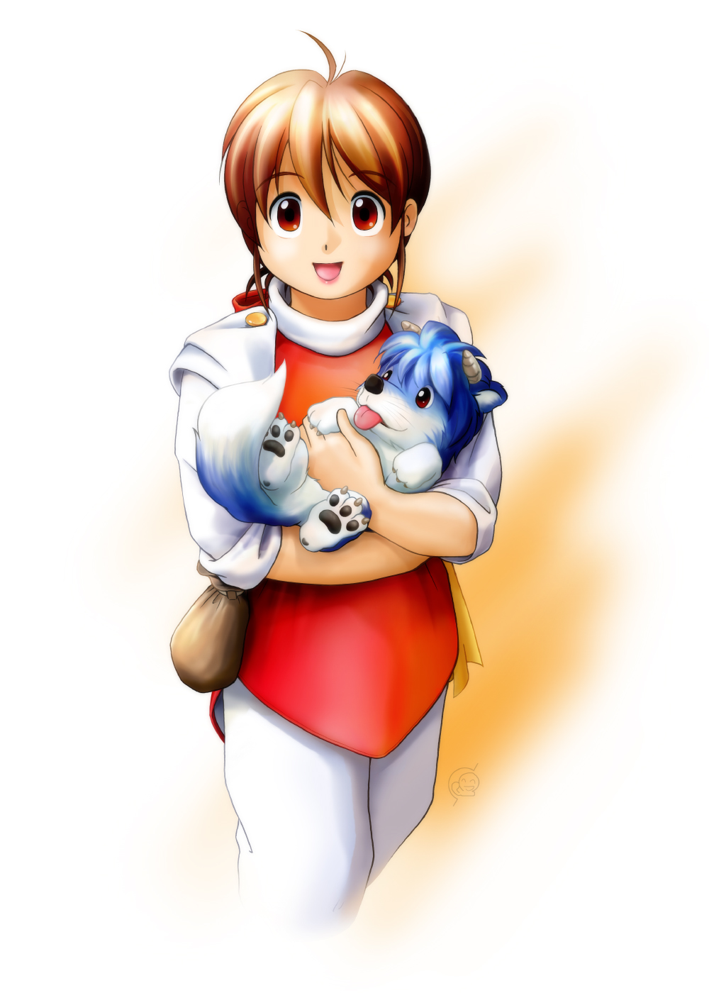 1girl, animal, brown_eyes, brown_hair, colt_(monster_farm), highres, holding, holding_animal