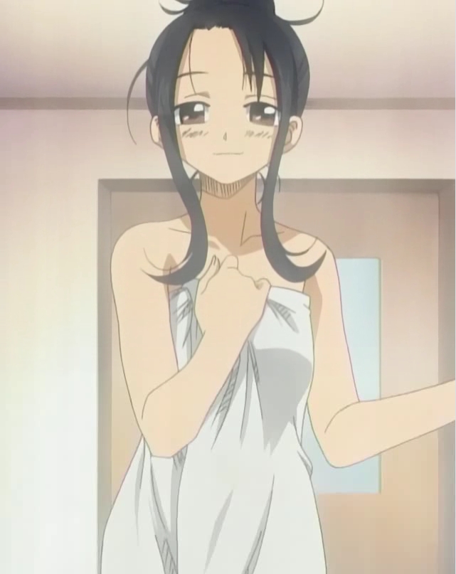 black_hair, brown_eyes, cap, naked_towel, screencap, sister, stiched, stitched