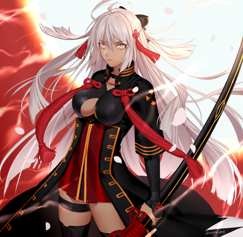 1girl, ahoge, arm_guards, black_bow, black_coat, black_legwear, bow, breasts