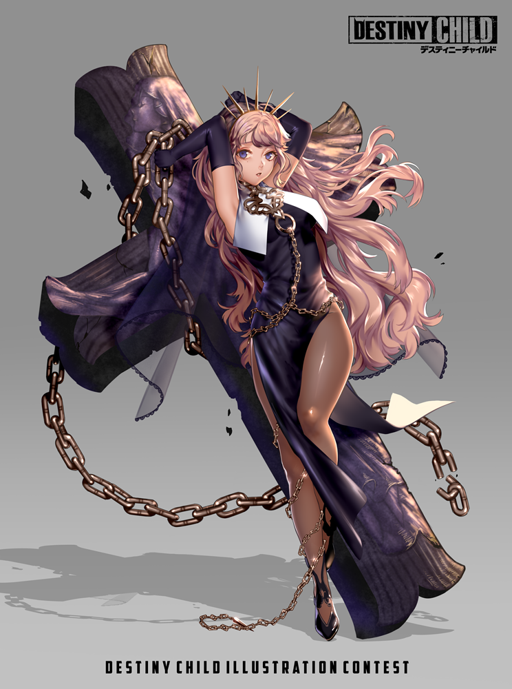 1girl, armpits, black_dress, black_footwear, black_gloves, brown_legwear, chains, cross
