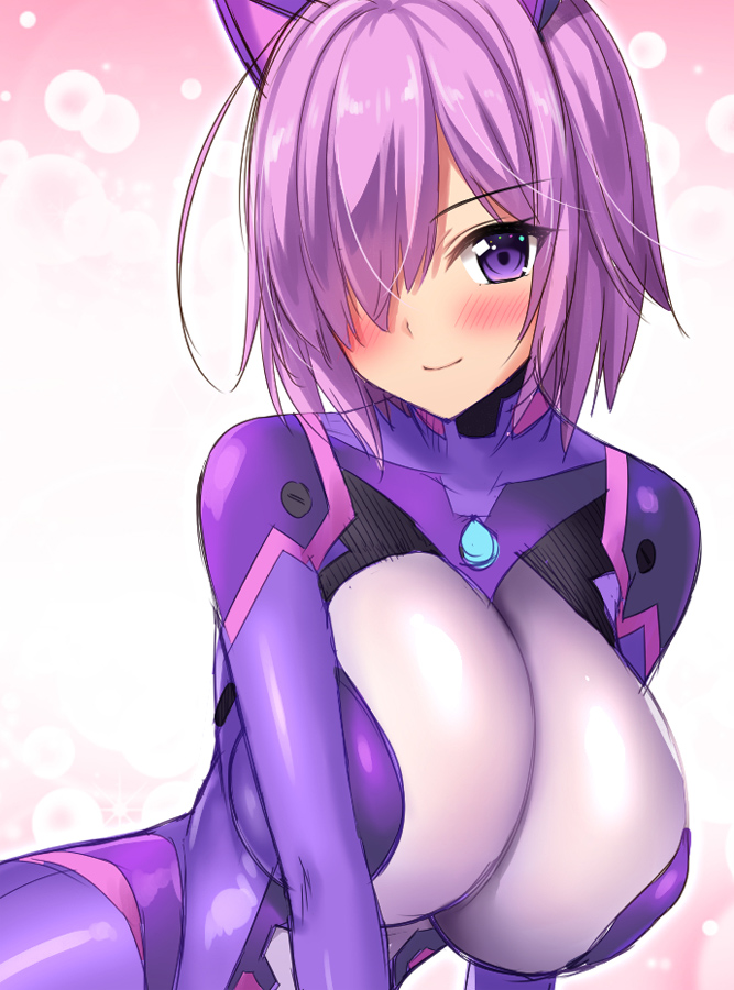 1girl, animal_ears, blush, bodysuit, breasts, cat_ears, closed_mouth, derauea, eyebrows_visible_through_hair, fake_animal_ears, fee_kissethermit, hair_over_one_eye, huge_breasts, looking_at_viewer, motto!_haramase!_honoo_no_oppai_isekai_ero_mahou_gakuen!, one_eye_covered, purple_hair, short_hair, skin_tight, smile, solo, upper_body, violet_eyes