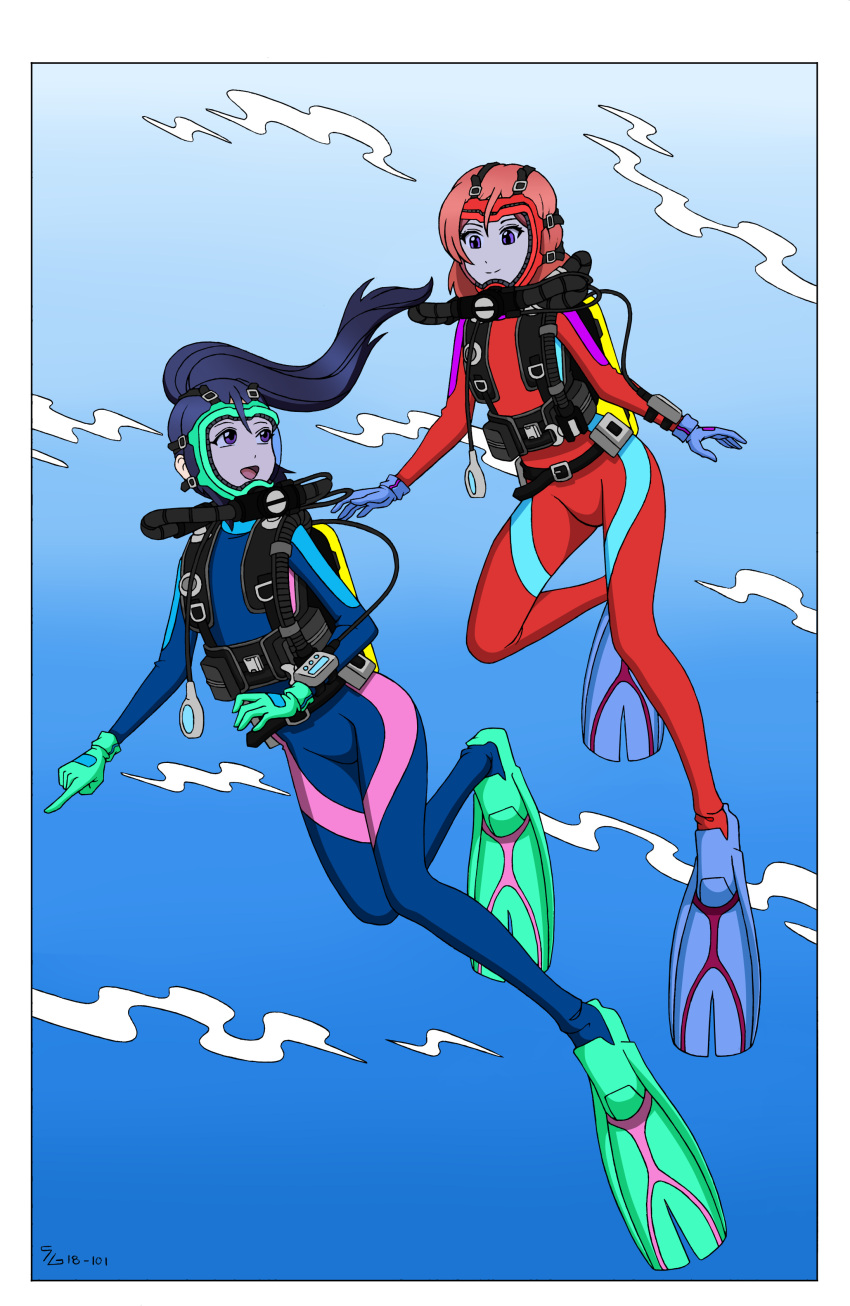 2girls, absurdres, blue_bodysuit, blue_hair, bodysuit, diving, diving_mask, diving_suit