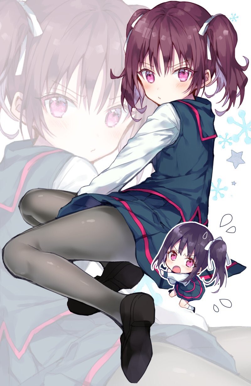 2girls, bangs, black_legwear, black_skirt, blush, eyebrows_visible_through_hair, full_body, hair_ribbon