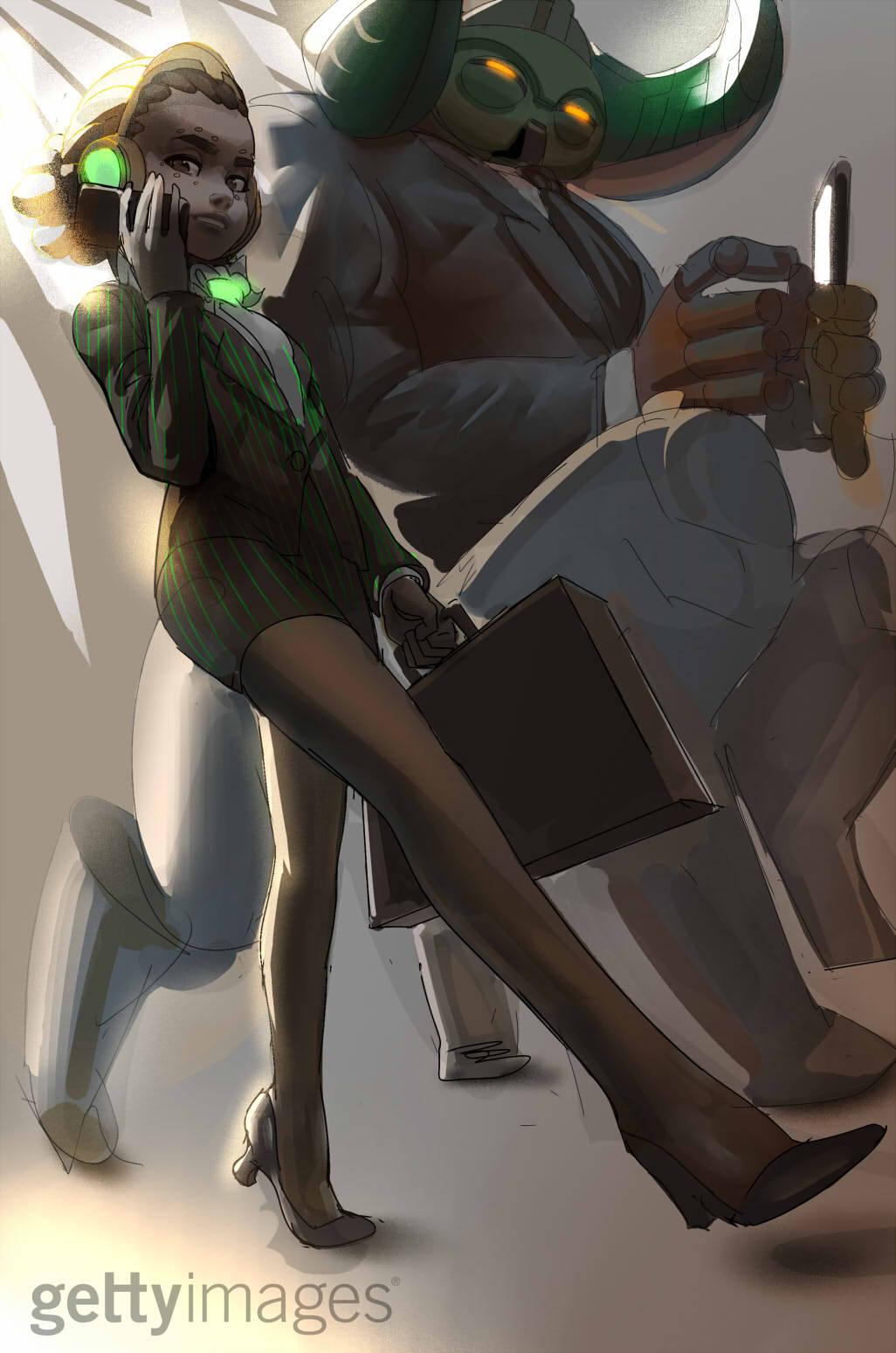 2girls, briefcase, cellphone, centauroid, commentary, dark_skin, efi_oladele, english_commentary