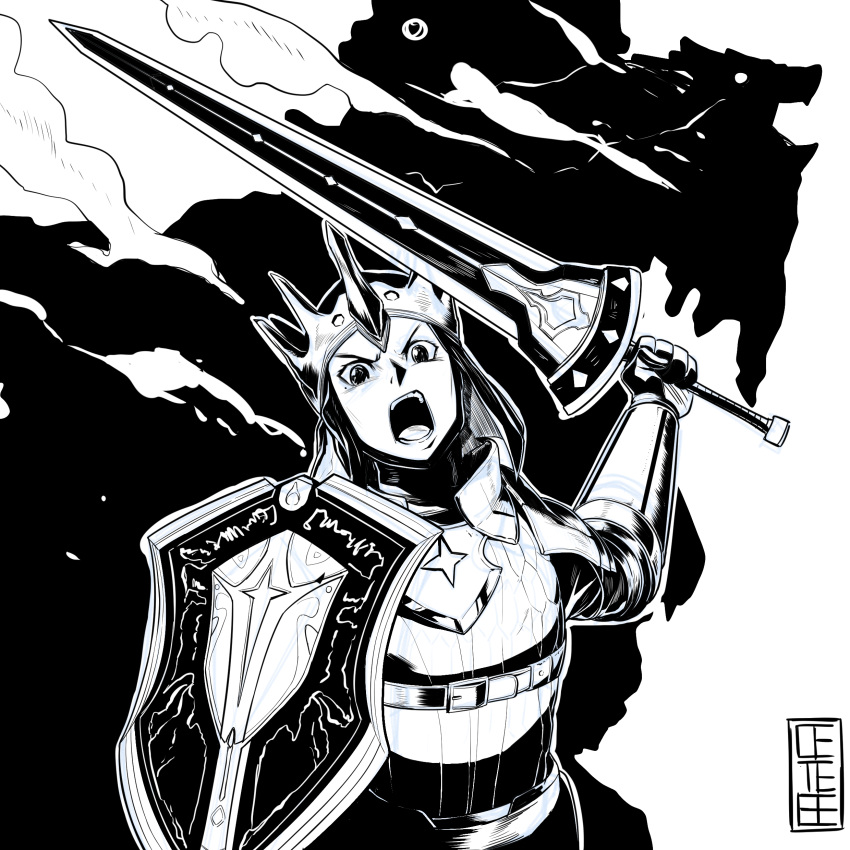 1girl, absurdres, armor, cete_(controllingtime), crown, greyscale, highres, looking_at_viewer