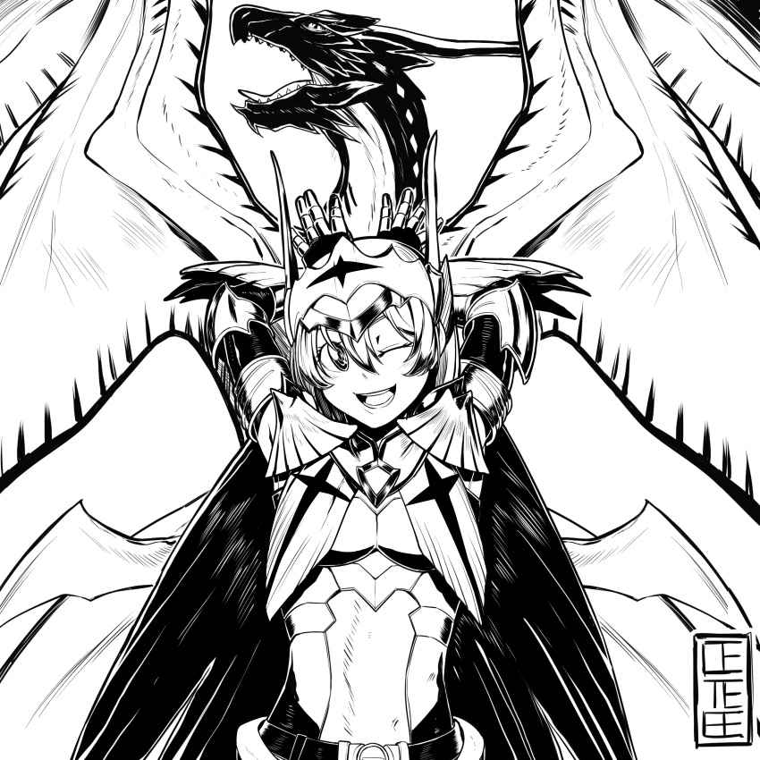 1girl, absurdres, armor, cete_(controllingtime), greyscale, hands_up, highres, legiana