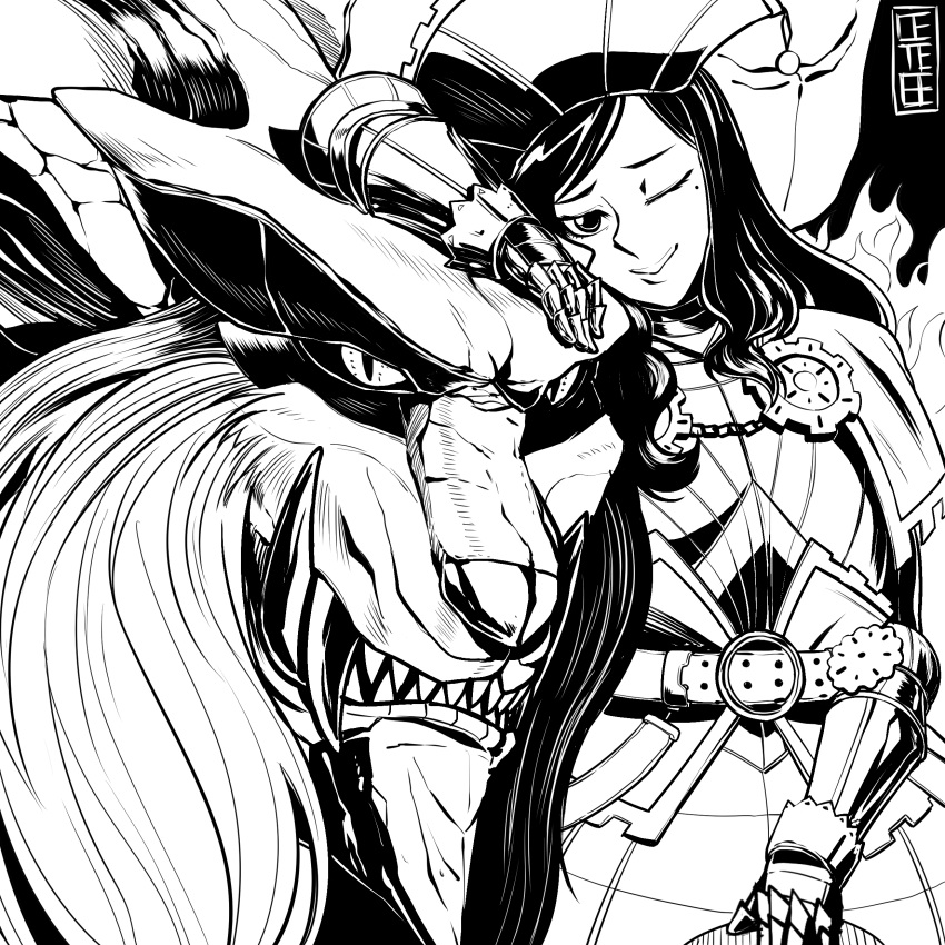 1girl, absurdres, armor, cete_(controllingtime), greyscale, highres, looking_at_viewer, lunastra