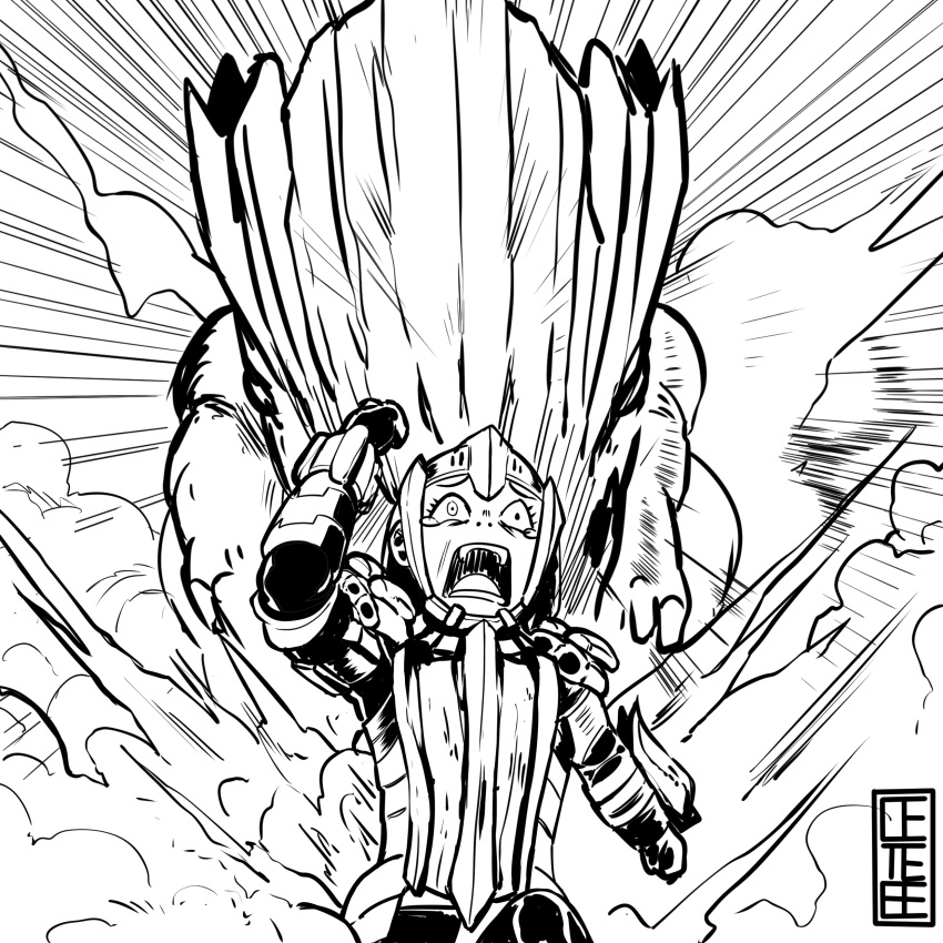 1girl, absurdres, armor, barroth, barroth_(armor), cete_(controllingtime), greyscale, highres