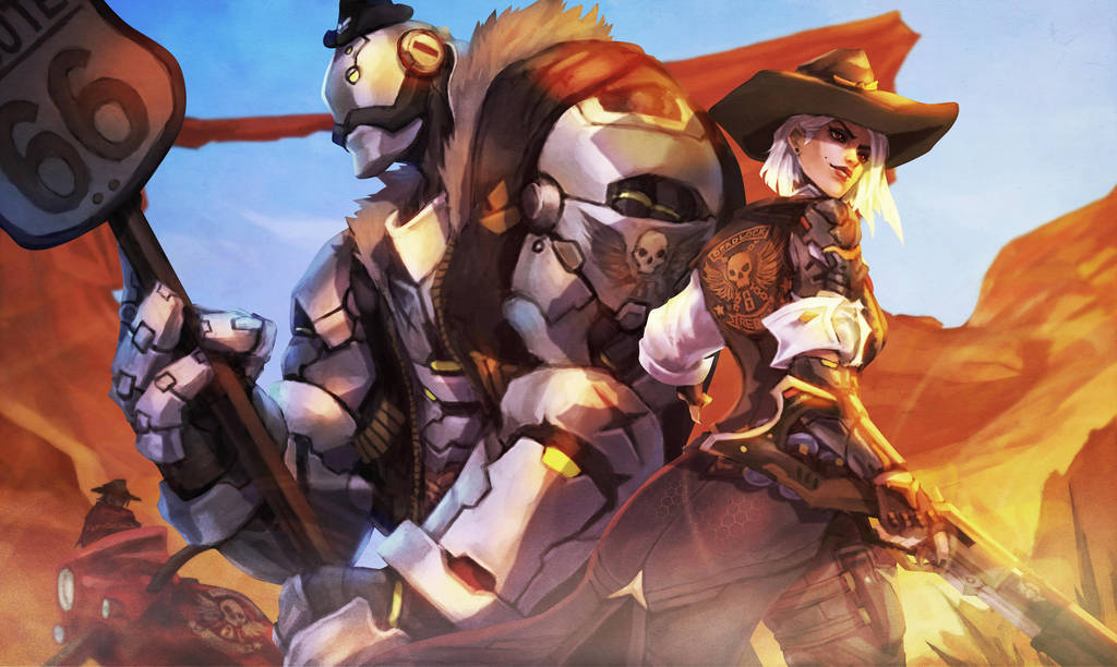 1girl, 2boys, ashe_(overwatch), asymmetrical_hair, blue_sky, bob_(overwatch), commentary, cowboy_hat