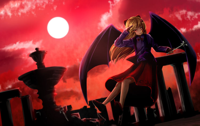 bangs, bat_wings, blonde_hair, bow, bowtie, clouds, cloudy_sky, elis_(touhou)