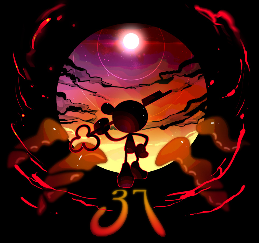 1boy, black_background, full_body, game_&amp;_watch, gradient_sky, hand_on_hip, highres, holding_key, male_focus, mr._game_&amp;_watch, nintendo, shiwasuda_kuuu, sky, smoke, solo, standing, super_smash_bros.