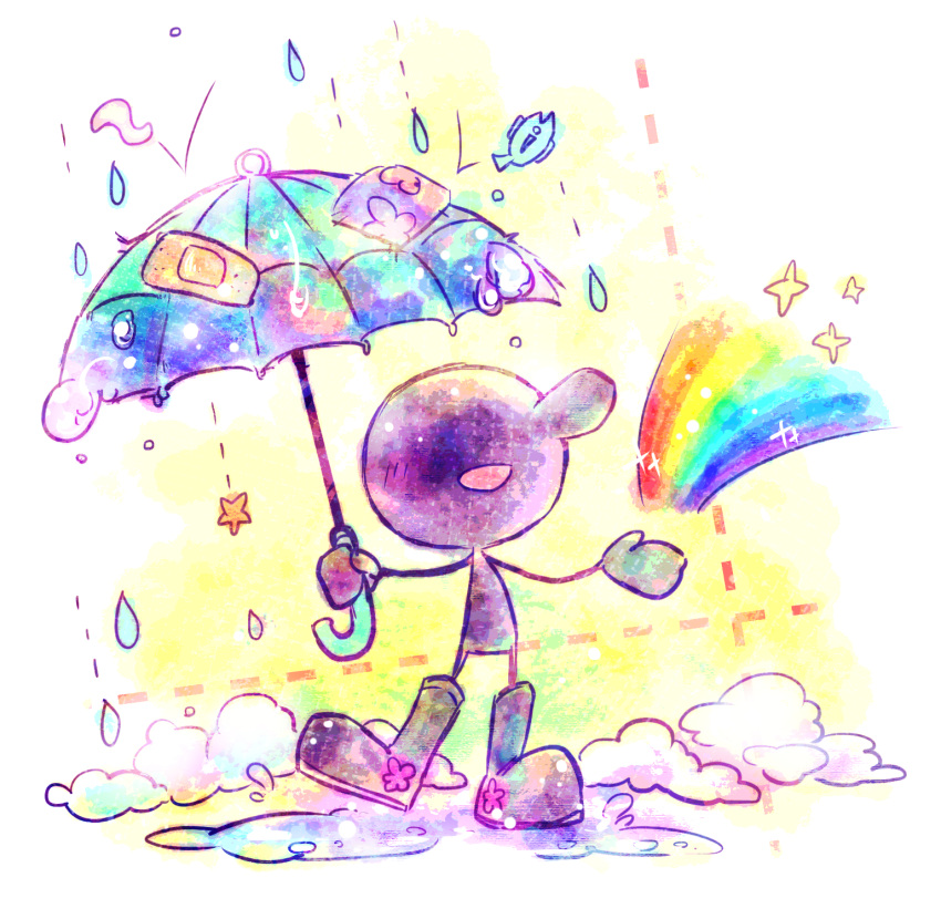 1boy, :d, bandaid, blue_umbrella, boots, fish, full_body, game_&amp;_watch, highres, male_focus, mr._game_&amp;_watch, nintendo, open_mouth, puddle, rain, rainbow, rubber_boots, shiwasuda_kuuu, smile, solo, standing, star, super_smash_bros., umbrella, water_drop