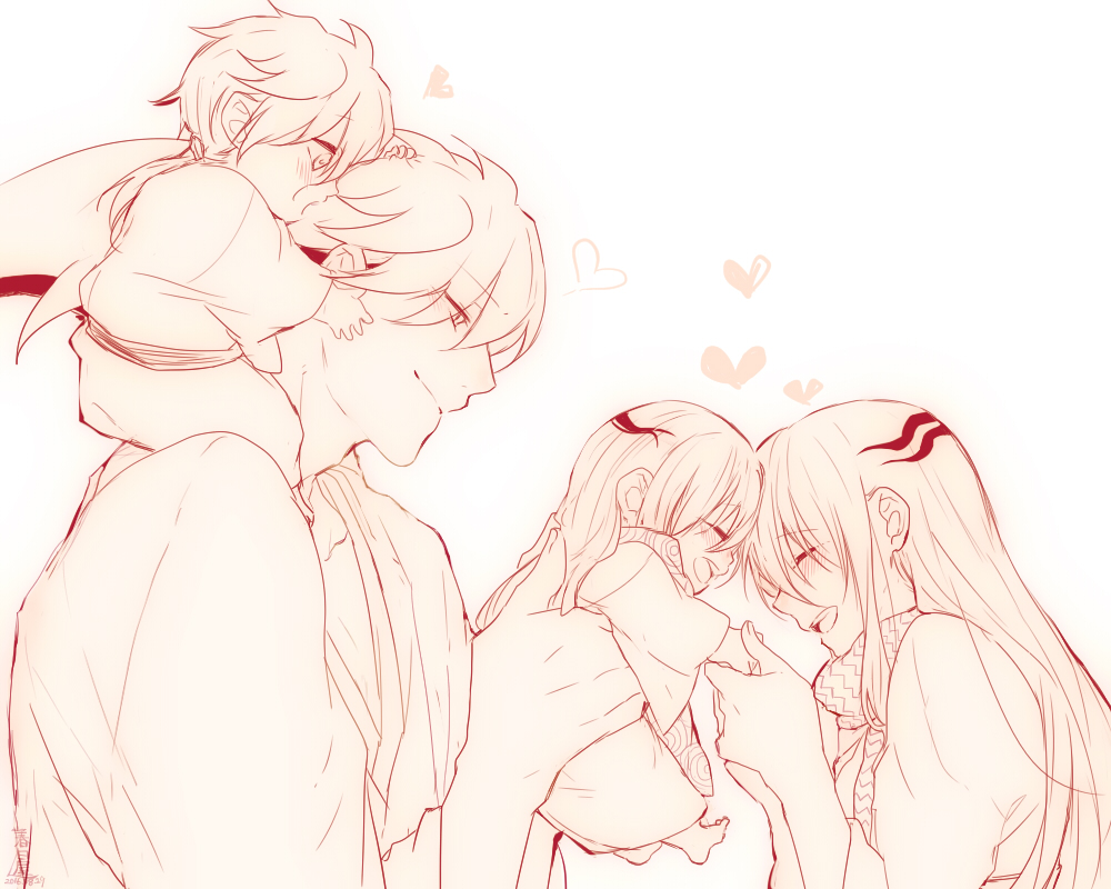 2boys, 2girls, barefoot, blush, child, closed_eyes, closed_mouth, eyebrows_visible_through_hair
