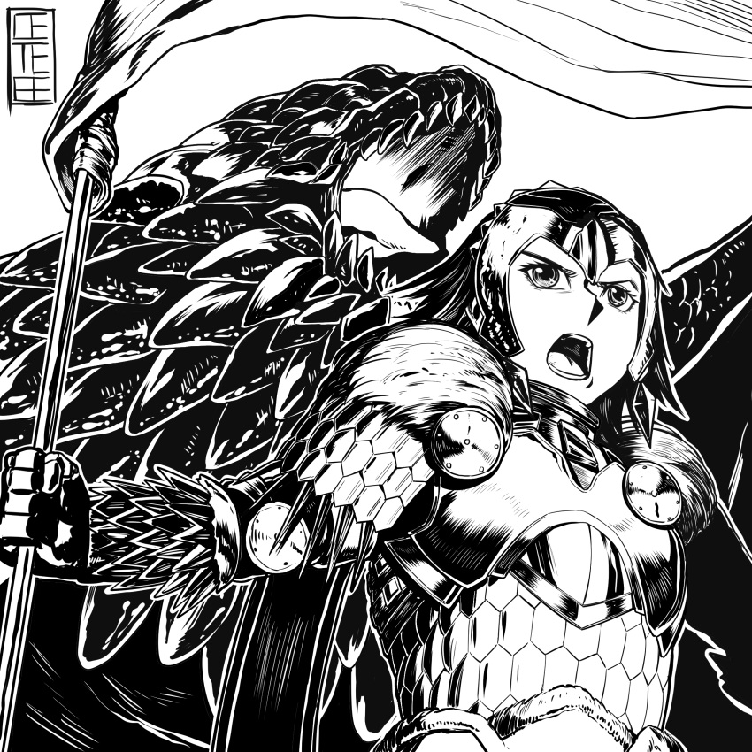 1girl, absurdres, armor, bazelgeuse, bazelgeuse_(armor), cete_(controllingtime), flag, greyscale