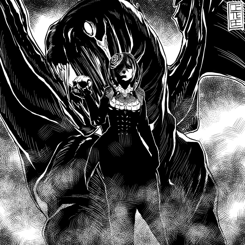 1girl, absurdres, armor, cete_(controllingtime), greyscale, highres, looking_at_viewer, monochrome