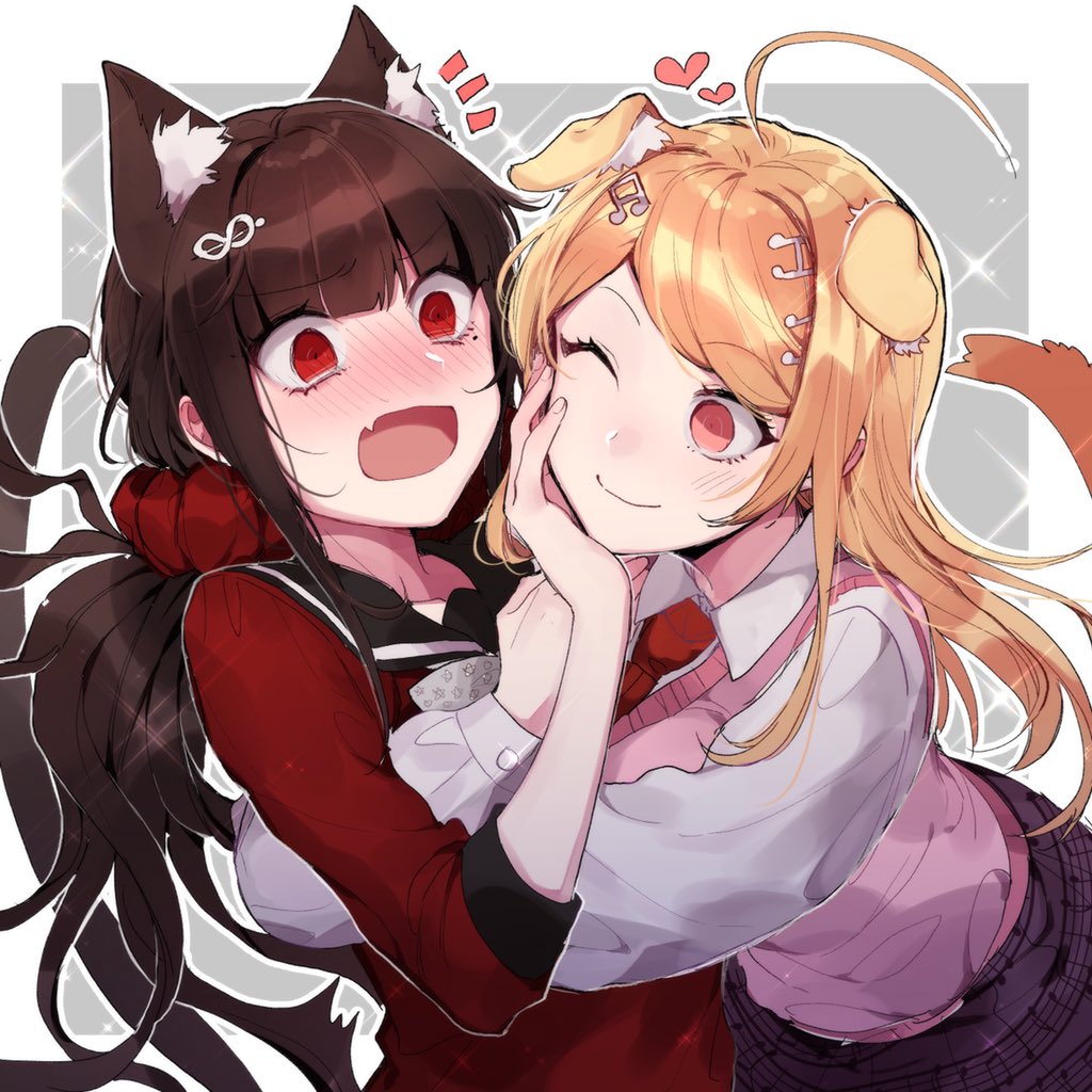 2girls, akamatsu_kaede, animal_ears, aoinaning, blonde_hair, blush, brown_hair, cat_ears