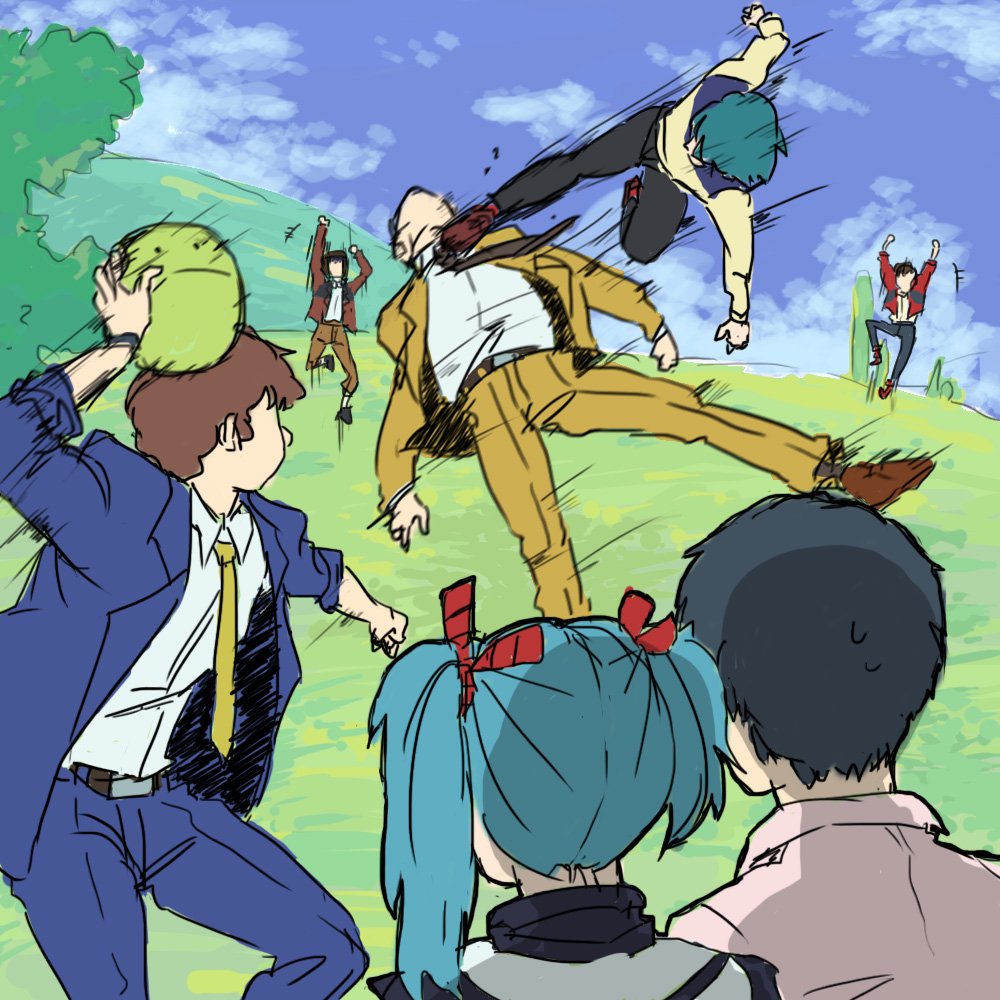 1girl, 6+boys, amuro_ray, black_hair, brown_hair, char's_counterattack, char_aznable, commentary_request