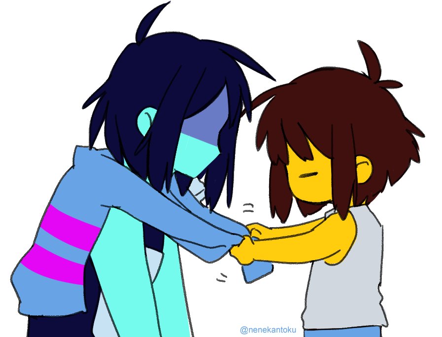 2others, =_=, armor, blue_hair, blue_skin, brown_hair, deltarune, frisk_(undertale)