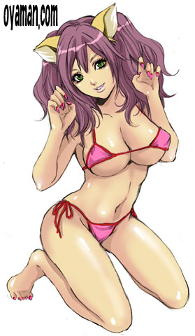 1girl, animal_ears, bikini, breasts, cat_ears, fingernails, graphite_(medium), green_eyes