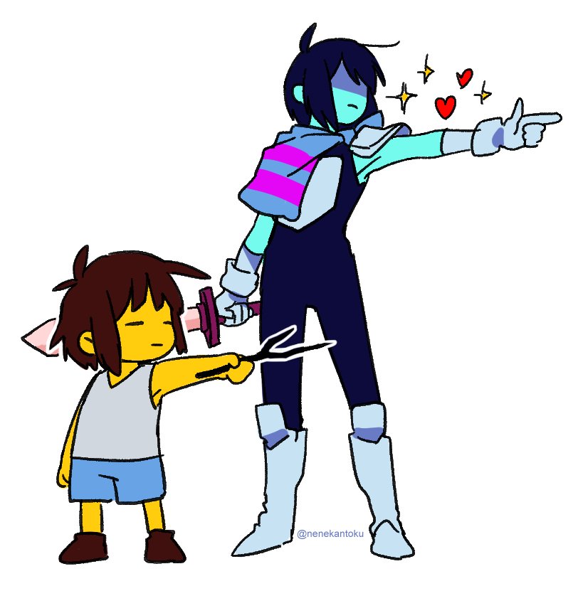 2others, blue_hair, boots, brown_hair, deltarune, frisk_(undertale), full_body, gloves