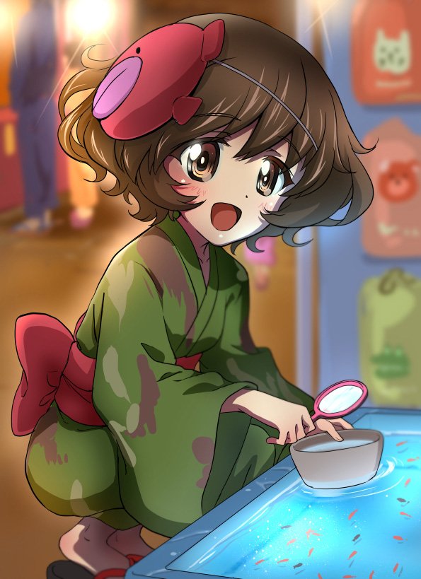 1girl, :d, akiyama_yukari, anglerfish, bangs, blurry, blurry_background, bowl