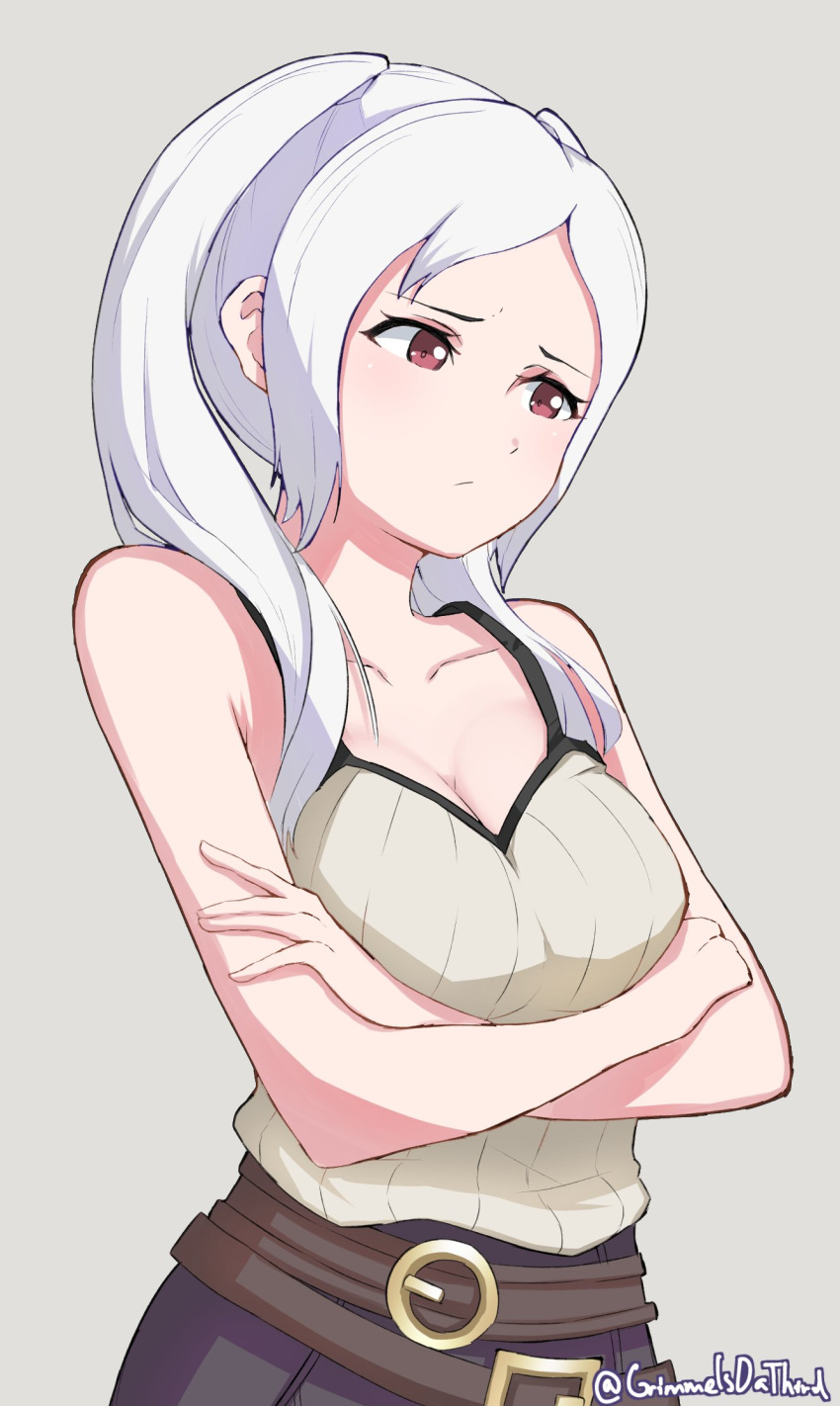 1girl, bare_shoulders, belt, breasts, cleavage, closed_mouth, crossed_arms, female_my_unit_(fire_emblem:_kakusei)